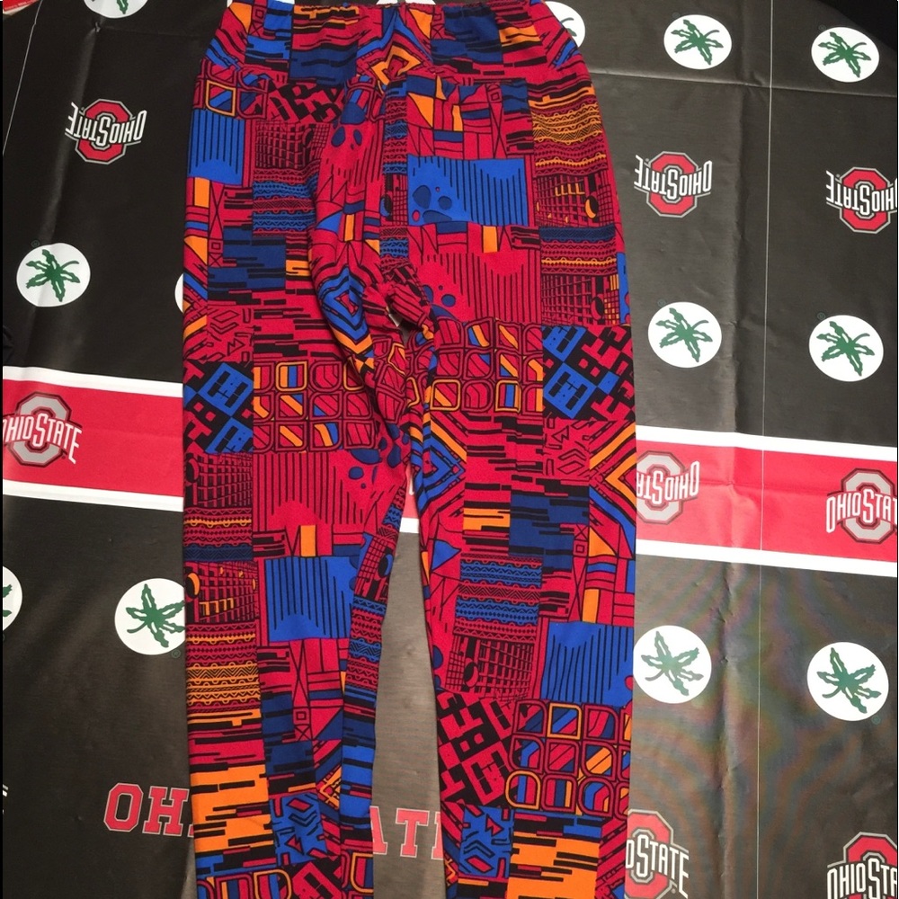 LuLaRoe Leggings One Size Geometric print Red Blue Orange Black Super Soft  EUC